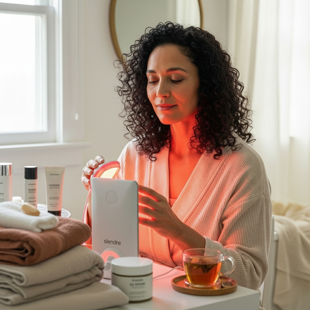 Woman practicing morning self-care wellness ritual with Slendre device